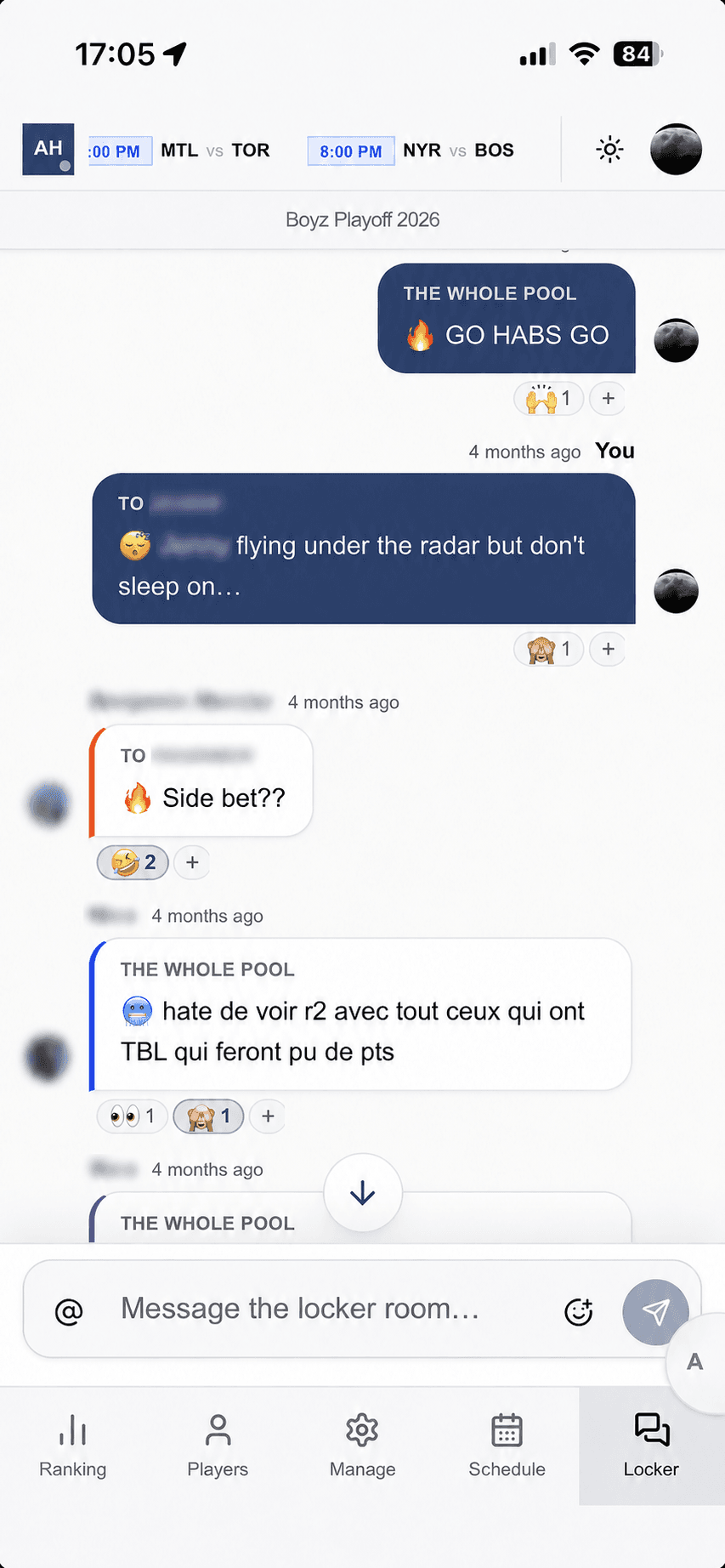Vestiaire AI Hockey avec messages, commentaires directs et réactions emoji